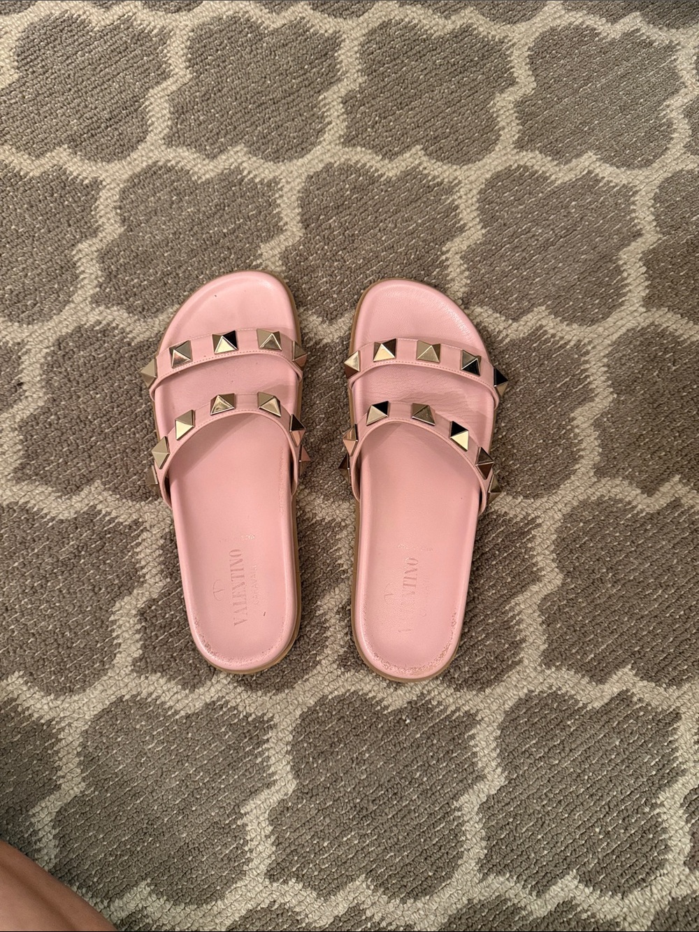 Valentino Pink Pyramid-Stud Double-Strap Slide Mules